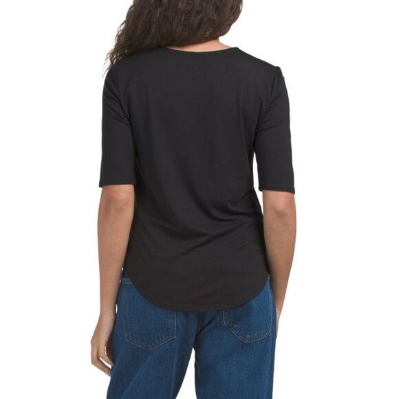 CUPIO Jet Black Elbow Sleeve Crew Neck Shirt Tail Hem Top - Picture 2 of 2